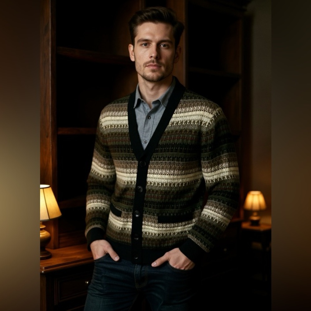 Mens Unisex J Crew Wool Fair Isle Cardigan Sweater Small brown V neck stripe tan - Picture 6 of 16